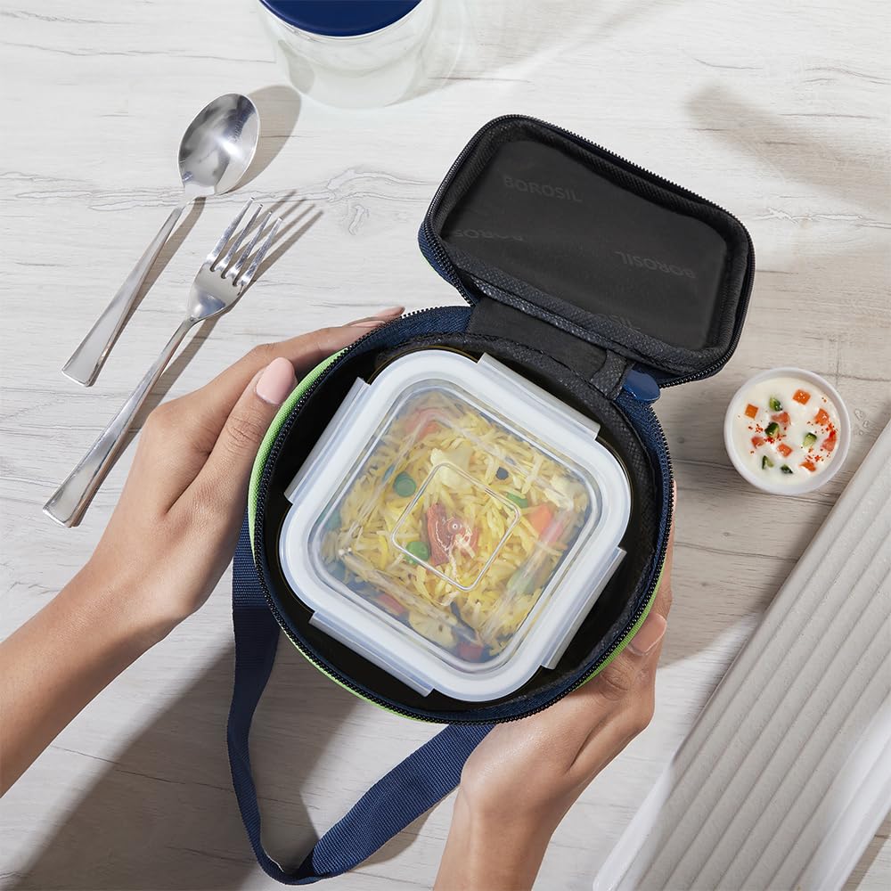 Borosil Klip n Store 320ml x 2 Square Container Lunchbox | Made in India Borosilicate Glass | Microwave & Dishwasher Safe | Tiffin for Office/School/College | Vertical BGFGBTIF0159