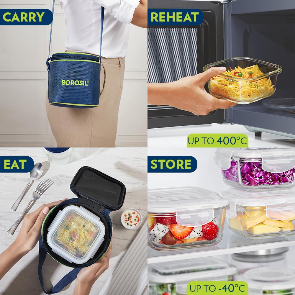 Borosil Klip n Store 320ml x 2 Square Container Lunchbox | Made in India Borosilicate Glass | Microwave & Dishwasher Safe | Tiffin for Office/School/College | Vertical BGFGBTIF0159