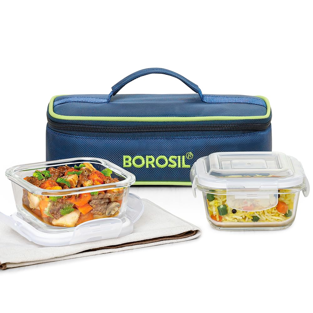 Borosil Klip n Store 320ml x 2 Square Container Lunchbox | Made in India Borosilicate Glass | Microwave & Dishwasher Safe | Tiffin for Office/School/College | Horizontal BGFGBTIF0160
