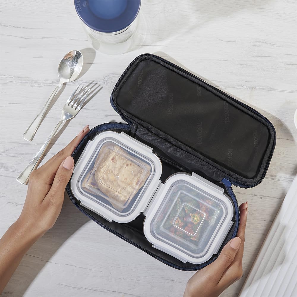 Borosil Klip n Store 320ml x 2 Square Container Lunchbox | Made in India Borosilicate Glass | Microwave & Dishwasher Safe | Tiffin for Office/School/College | Horizontal BGFGBTIF0160