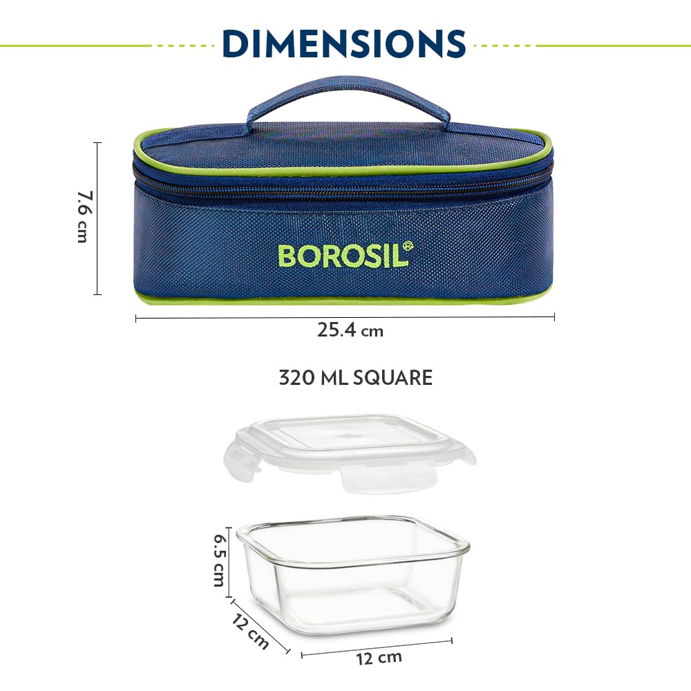 Borosil Klip n Store 320ml x 2 Square Container Lunchbox | Made in India Borosilicate Glass | Microwave & Dishwasher Safe | Tiffin for Office/School/College | Horizontal BGFGBTIF0160