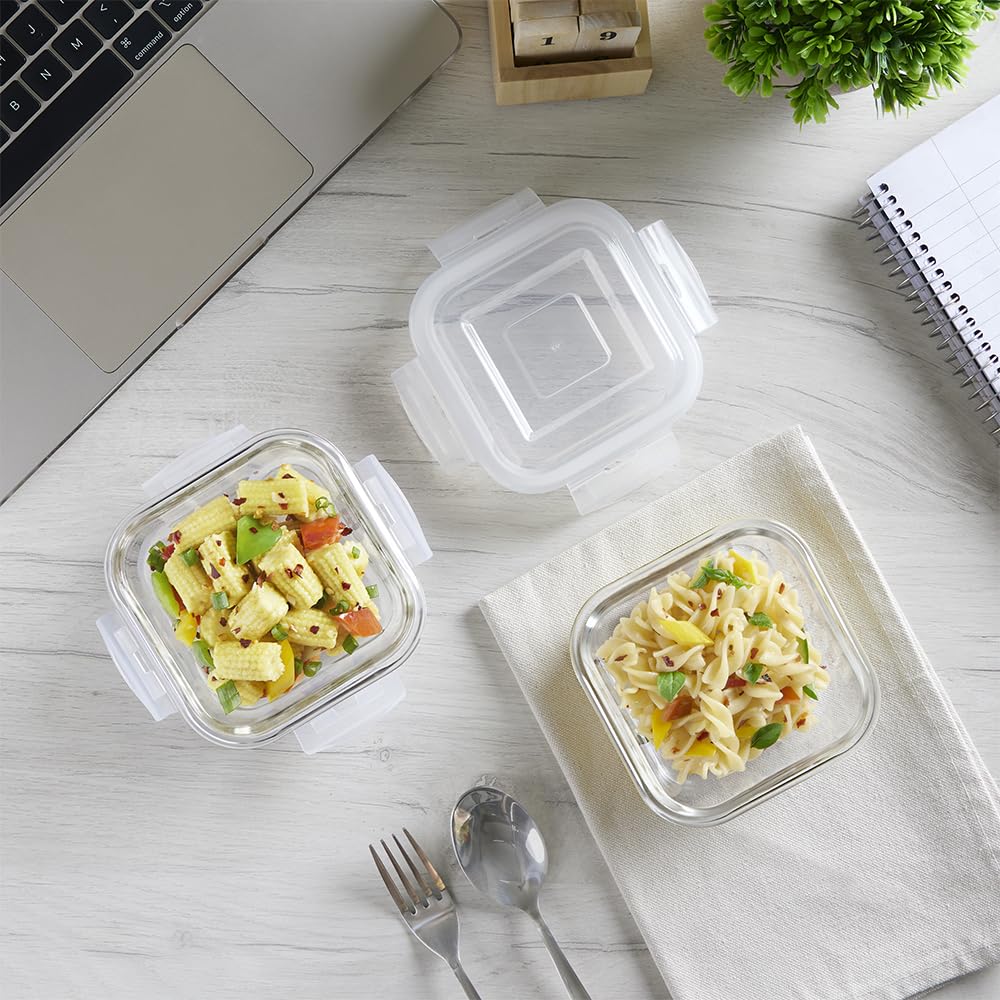 Borosil Klip n Store 320ml x 2 Square Container Lunchbox | Made in India Borosilicate Glass | Microwave & Dishwasher Safe | Tiffin for Office/School/College | Horizontal BGFGBTIF0160