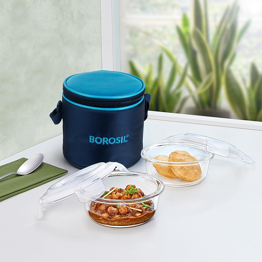 Borosil Lunchbox with Bag | Set of 2 (400ml) | Borosilicate Glass, Round, Vertical | Microwave & Dishwasher Safe, Leak Proof | Tiffin for Office, School, College  BGFGBTIF0161
