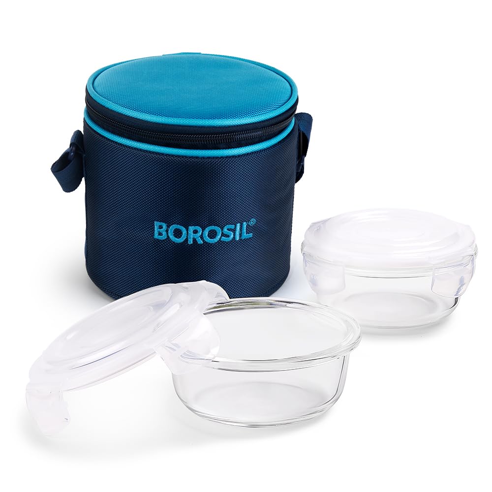 Borosil Lunchbox with Bag | Set of 2 (400ml) | Borosilicate Glass, Round, Vertical | Microwave & Dishwasher Safe, Leak Proof | Tiffin for Office, School, College  BGFGBTIF0161