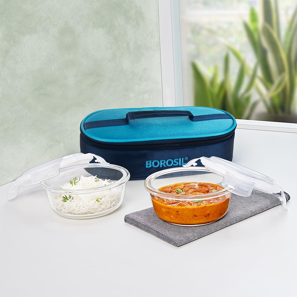Borosil Lunchbox with Bag | 2pc (400ml 400 ml) | Borosilicate Glass, Round, Horizontal | Microwave & Dishwasher Safe, Leakproof | Tiffin for Office, School, College BGFGBTIF0162