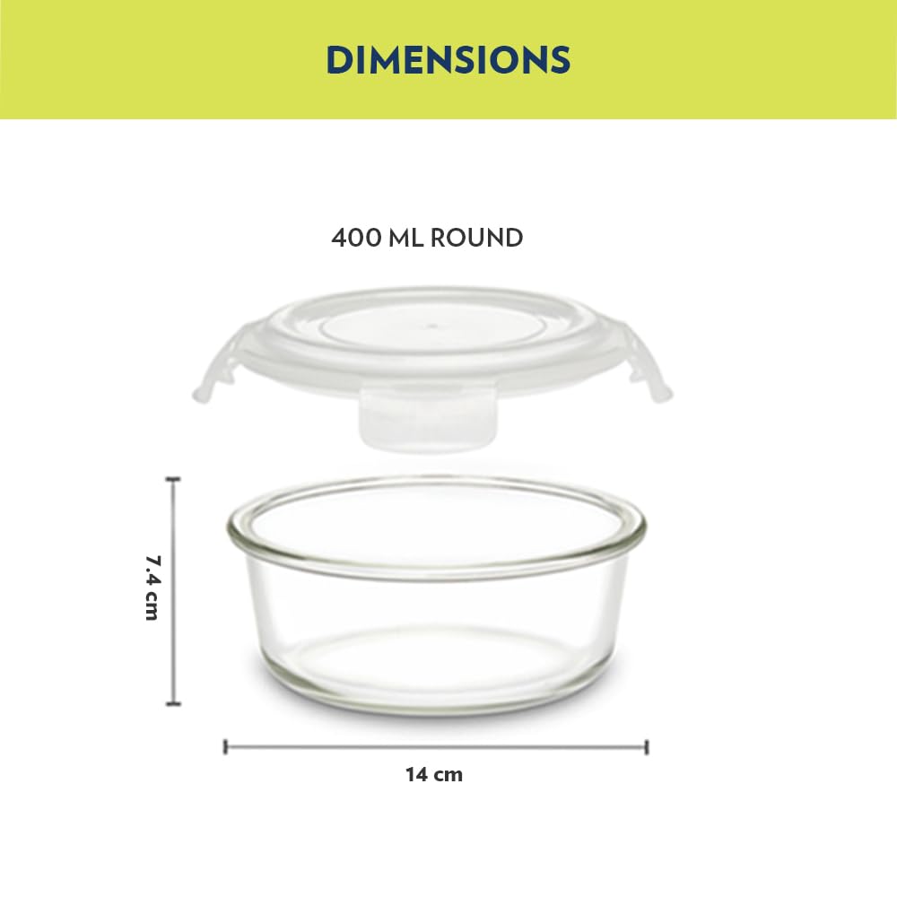 Borosil Lunchbox with Bag | 2pc (400ml 400 ml) | Borosilicate Glass, Round, Horizontal | Microwave & Dishwasher Safe, Leakproof | Tiffin for Office, School, College BGFGBTIF0162