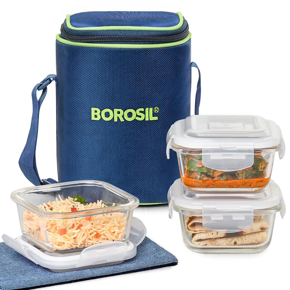 Borosil Klip N Store 320ml X 3 Square Container Lunchbox | Made In India Borosilicate Glass | Microwave & Dishwasher Safe | Tiffin For Office/school/college Bgfgbtif0157 - Capacity: 320 Ml + 320 Ml  + 320 Ml Milliliter (ml)