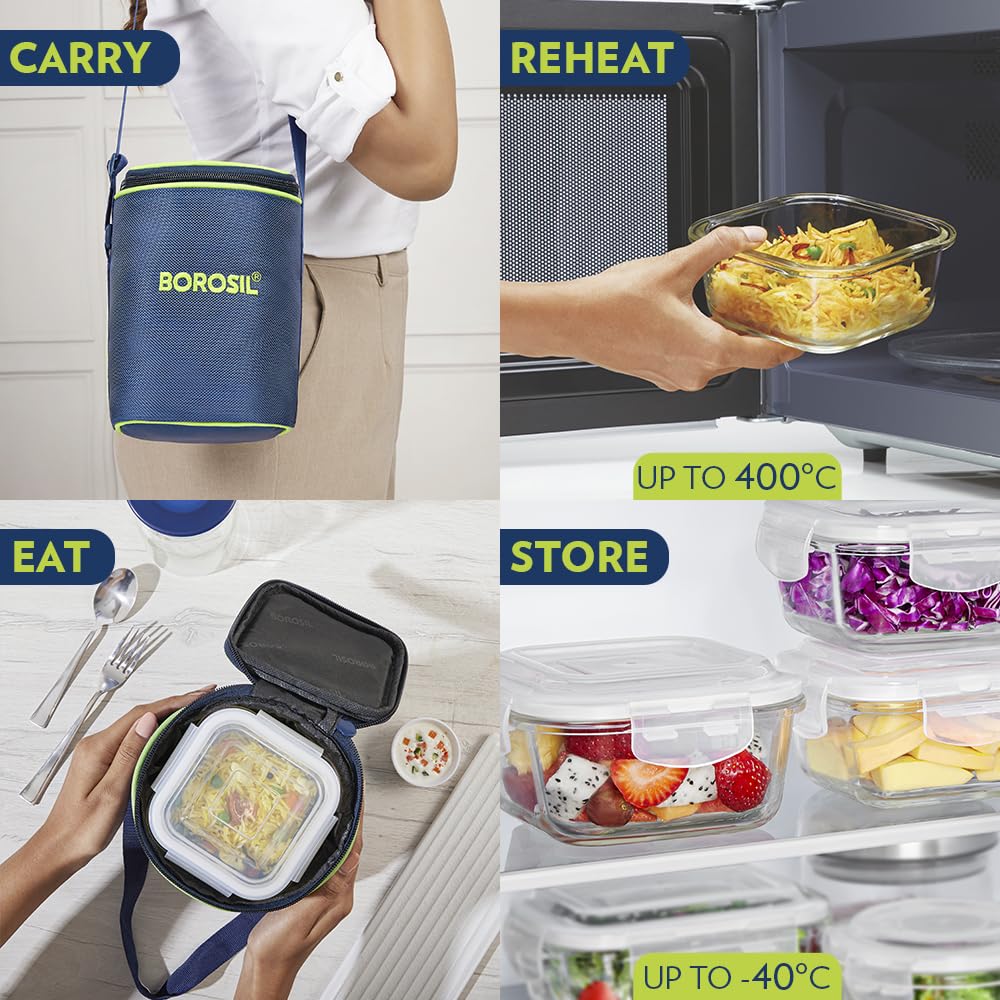 Borosil Klip n Store 320ml x 3 Square Container Lunchbox | Made in India Borosilicate Glass | Microwave & Dishwasher Safe | Tiffin for Office/School/College BGFGBTIF0157