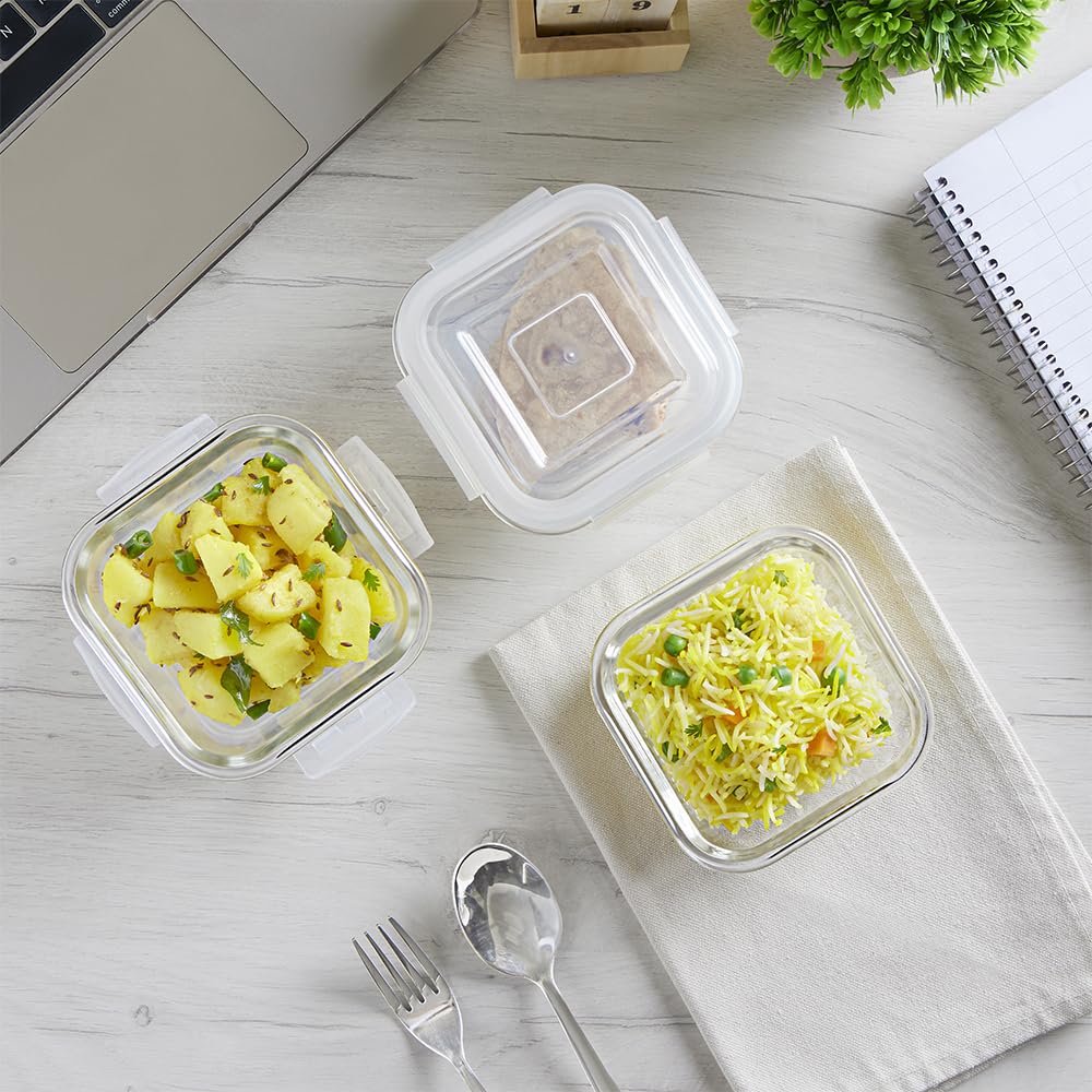 Borosil Klip n Store 320ml x 3 Square Container Lunchbox | Made in India Borosilicate Glass | Microwave & Dishwasher Safe | Tiffin for Office/School/College BGFGBTIF0157