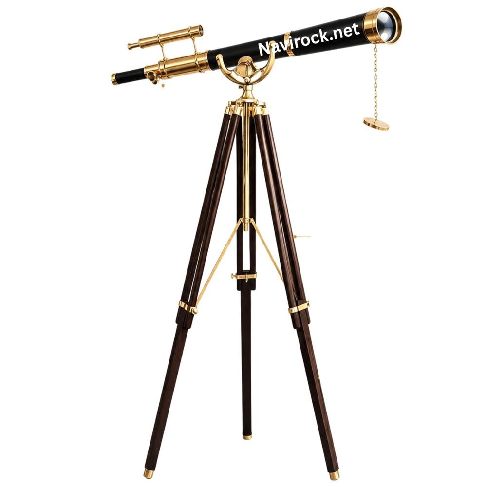 Vintage Black & Brass Nautical Telescope with Finder Scope and Wooden Tripod Stand, Decorative Maritime Spyglass Replica