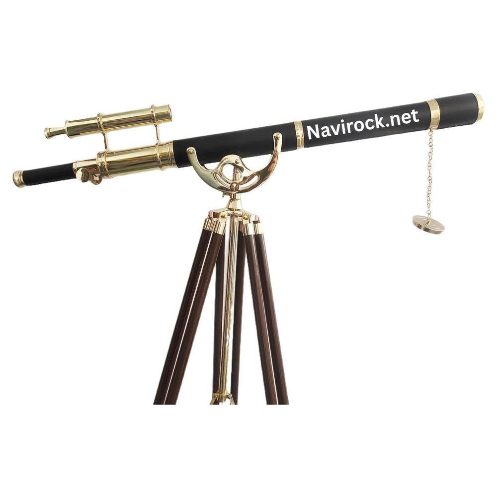 Vintage Black & Brass Nautical Telescope with Finder Scope and Wooden Tripod Stand, Decorative Maritime Spyglass Replica