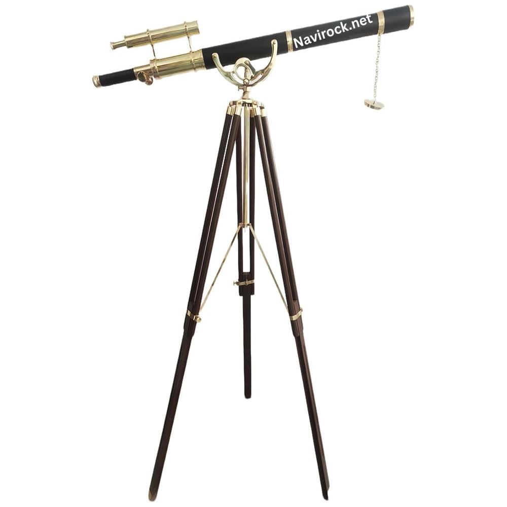 Vintage Black & Brass Nautical Telescope with Finder Scope and Wooden Tripod Stand, Decorative Maritime Spyglass Replica