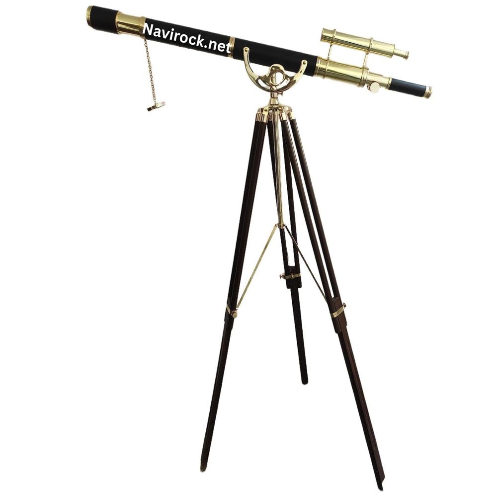 Vintage Black & Brass Nautical Telescope with Finder Scope and Wooden Tripod Stand, Decorative Maritime Spyglass Replica