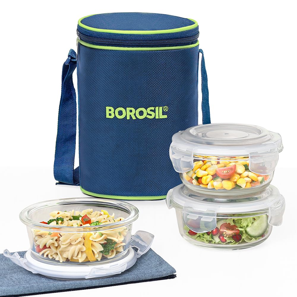 Borosil Klip n Store 400ml x 3 Round Container Lunchbox | Made in India Borosilicate Glass | Microwave & Dishwasher Safe | Tiffin for Office/School/College BGFGBTIF0158