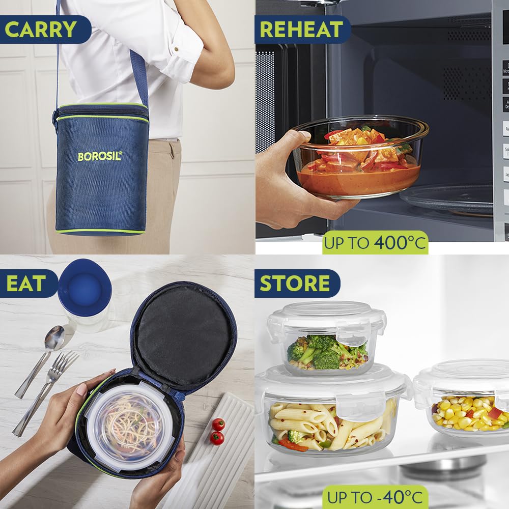 Borosil Klip n Store 400ml x 3 Round Container Lunchbox | Made in India Borosilicate Glass | Microwave & Dishwasher Safe | Tiffin for Office/School/College BGFGBTIF0158