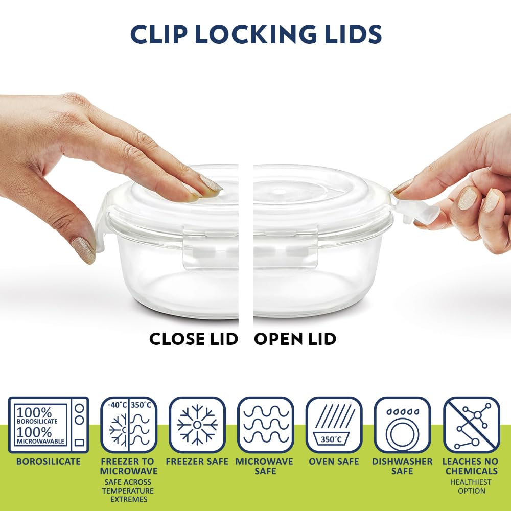 Borosil Klip n Store 400ml x 3 Round Container Lunchbox | Made in India Borosilicate Glass | Microwave & Dishwasher Safe | Tiffin for Office/School/College BGFGBTIF0158