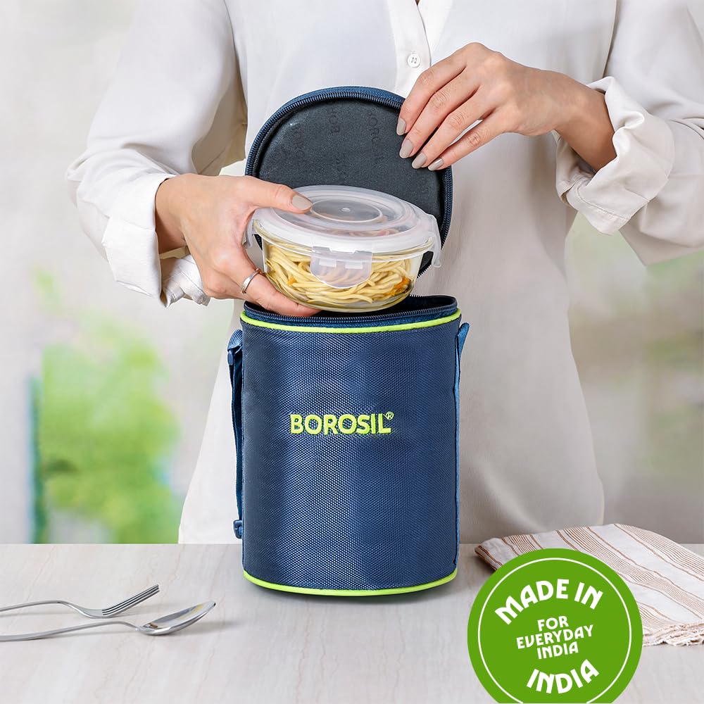 Borosil Klip n Store 400ml x 3 Round Container Lunchbox | Made in India Borosilicate Glass | Microwave & Dishwasher Safe | Tiffin for Office/School/College BGFGBTIF0158