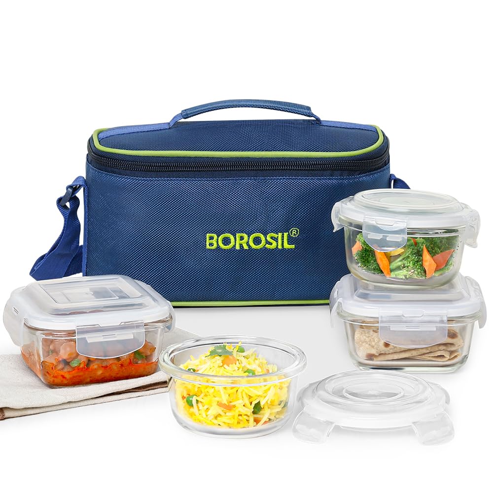 Borosil Klip n Store Universal Lunchbox | 320ml x 2 Square + 240ml x 2 Round Container Set | Made in India Borosilicate Glass | Microwave & Dishwasher Safe | Tiffin for Office/School/College BGFGBTIF0163