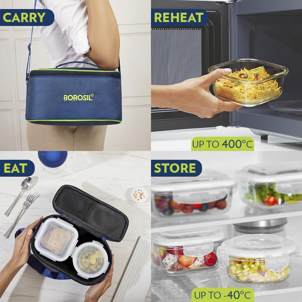 Borosil Klip n Store Universal Lunchbox | 320ml x 2 Square + 240ml x 2 Round Container Set | Made in India Borosilicate Glass | Microwave & Dishwasher Safe | Tiffin for Office/School/College BGFGBTIF0163
