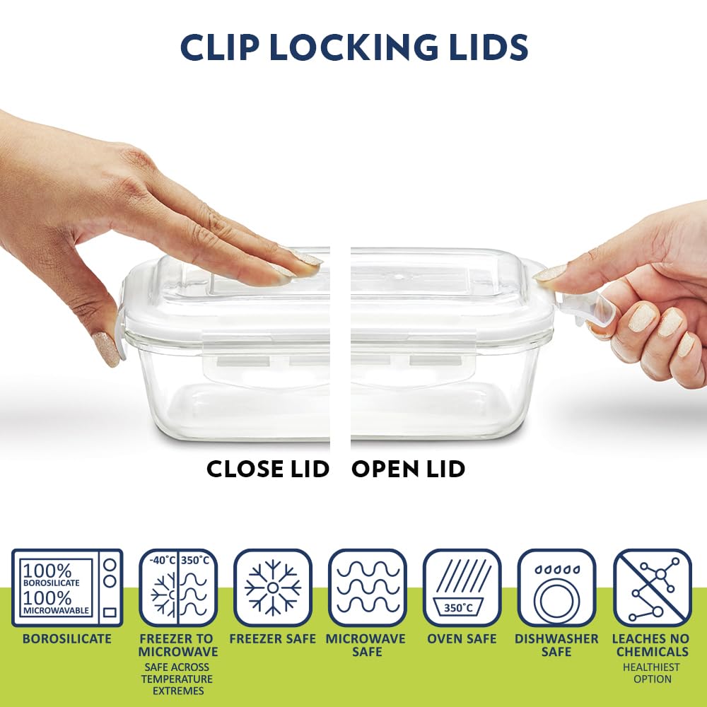 Borosil Klip n Store Universal Lunchbox | 320ml x 2 Square + 240ml x 2 Round Container Set | Made in India Borosilicate Glass | Microwave & Dishwasher Safe | Tiffin for Office/School/College BGFGBTIF0163