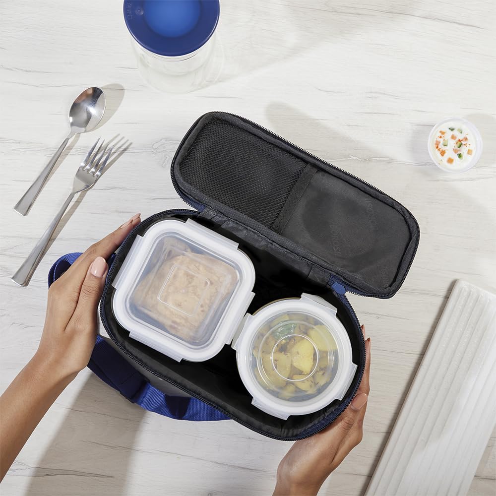 Borosil Klip n Store Universal Lunchbox | 320ml x 2 Square + 240ml x 2 Round Container Set | Made in India Borosilicate Glass | Microwave & Dishwasher Safe | Tiffin for Office/School/College BGFGBTIF0163