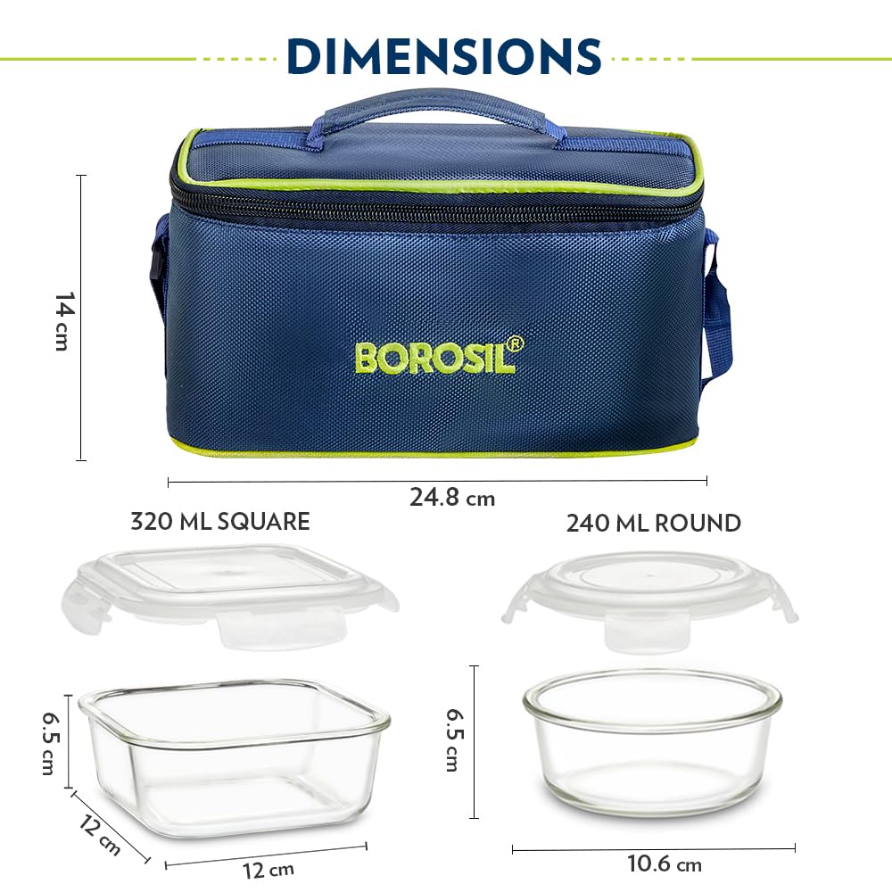 Borosil Klip n Store Universal Lunchbox | 320ml x 2 Square + 240ml x 2 Round Container Set | Made in India Borosilicate Glass | Microwave & Dishwasher Safe | Tiffin for Office/School/College BGFGBTIF0163