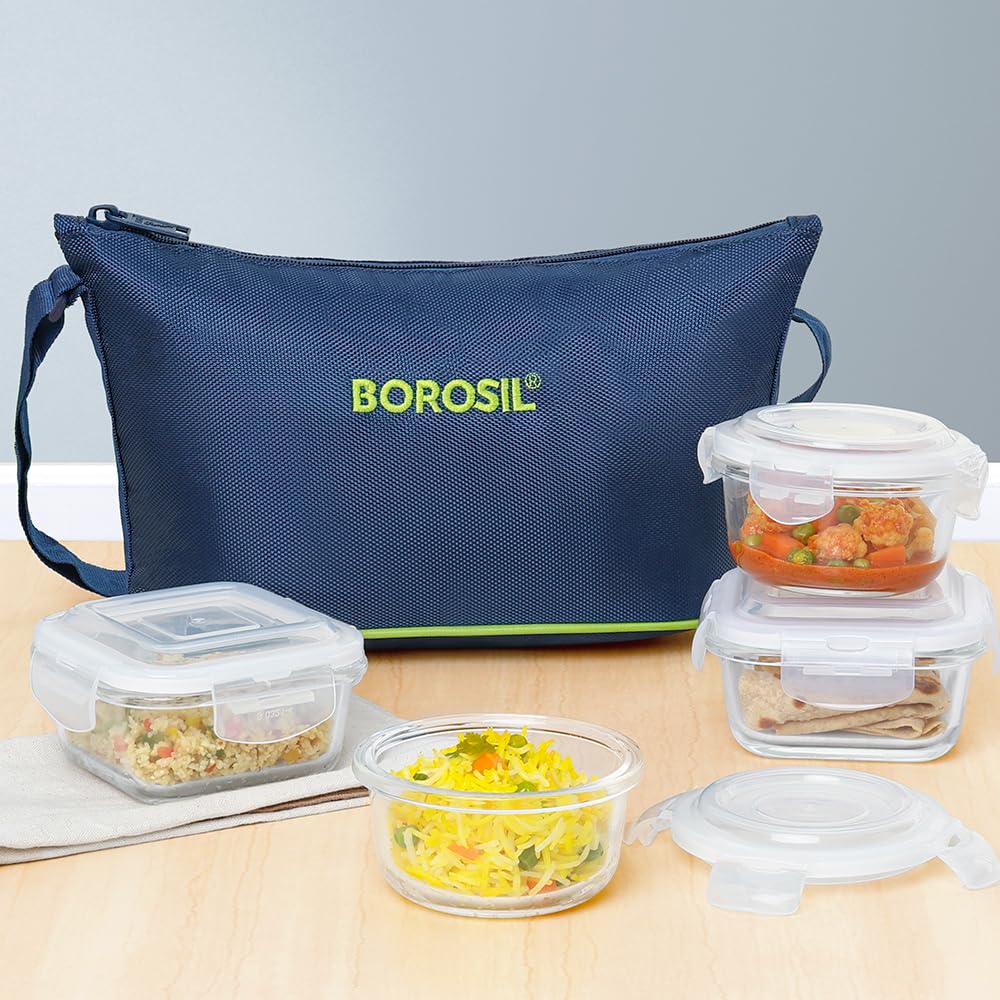 Borosil Klip n Store Daisy Lunchbox | 320ml x 2 Square + 240ml x 2 Round Container Set | Made in India Borosilicate Glass | Microwave & Dishwasher Safe | Tiffin for Office/School/College BGFGBTIF0164