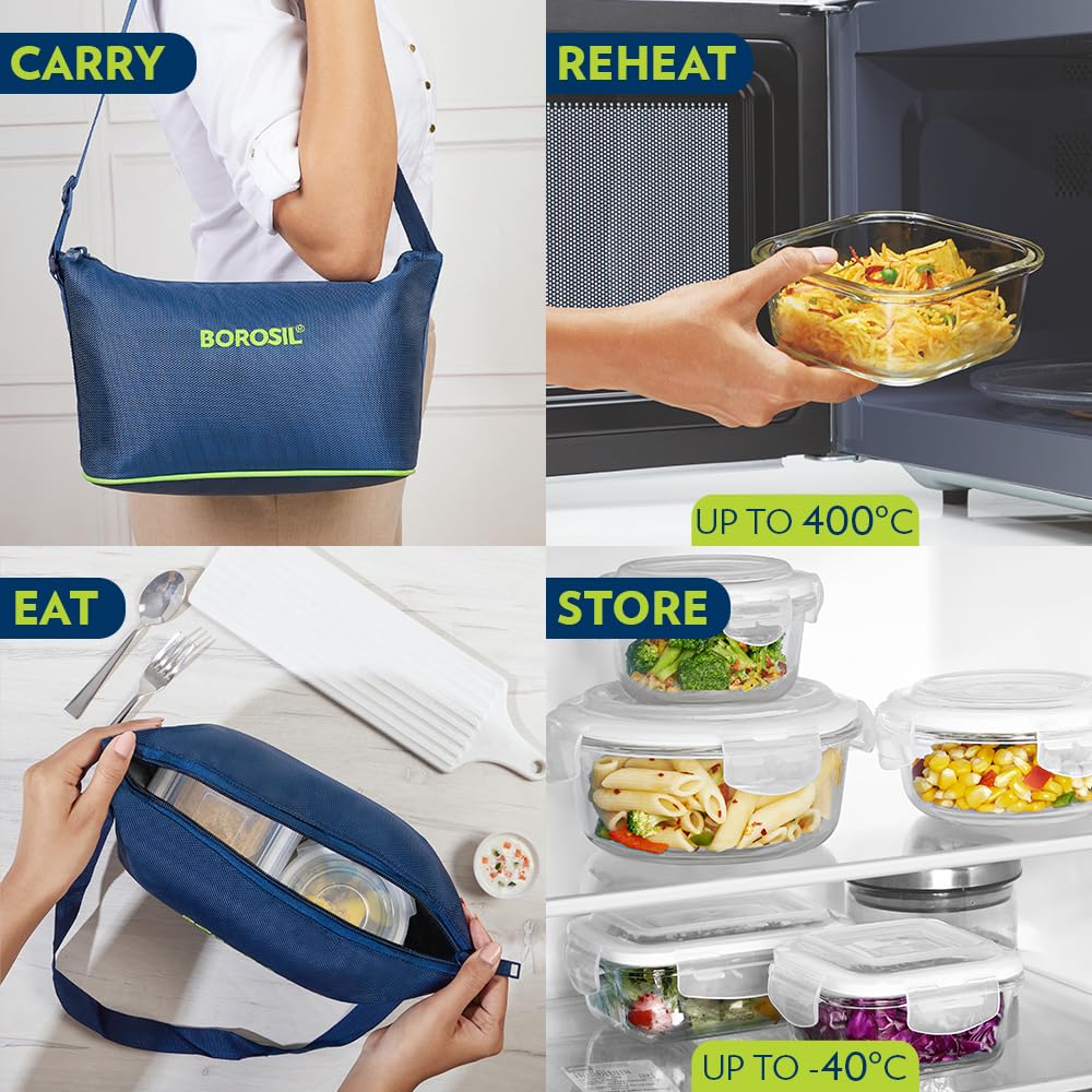 Borosil Klip n Store Daisy Lunchbox | 320ml x 2 Square + 240ml x 2 Round Container Set | Made in India Borosilicate Glass | Microwave & Dishwasher Safe | Tiffin for Office/School/College BGFGBTIF0164