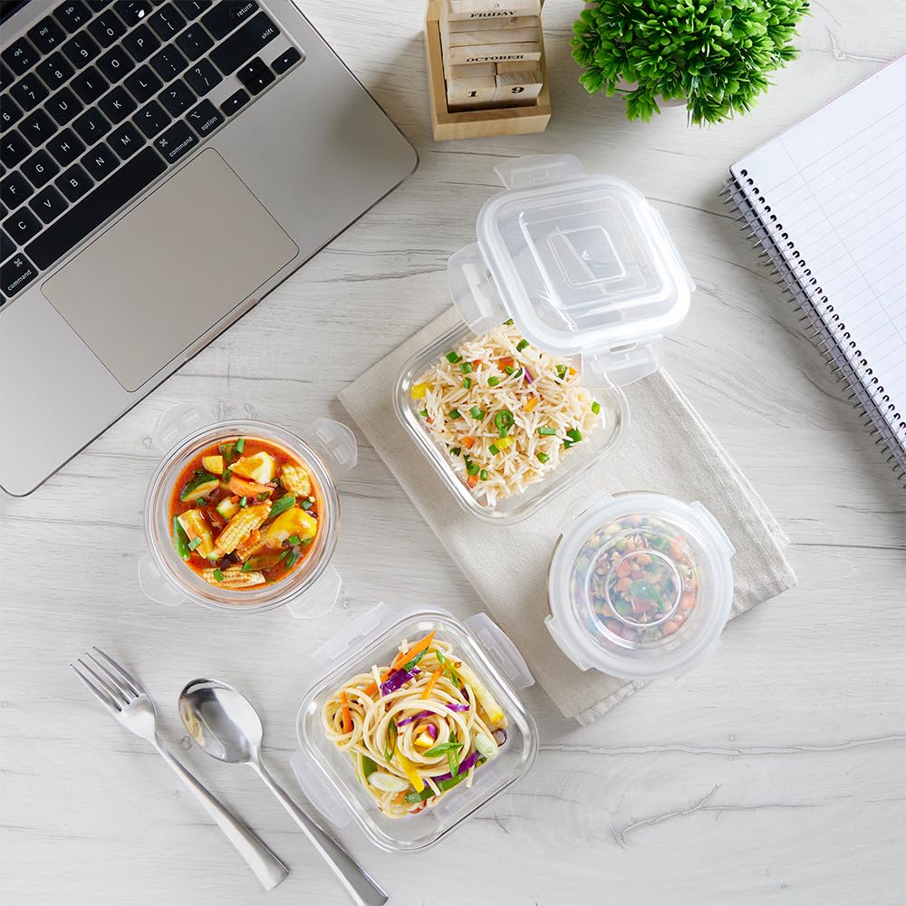 Borosil Klip n Store Daisy Lunchbox | 320ml x 2 Square + 240ml x 2 Round Container Set | Made in India Borosilicate Glass | Microwave & Dishwasher Safe | Tiffin for Office/School/College BGFGBTIF0164