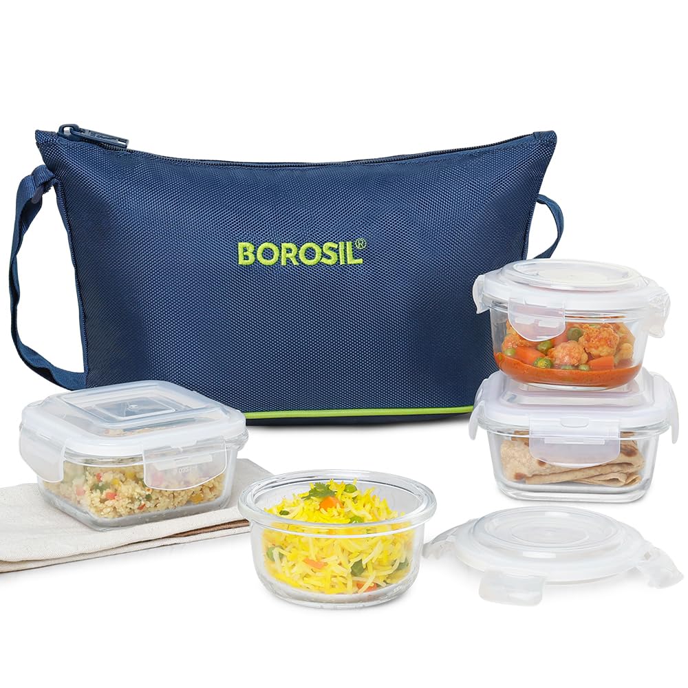 Borosil Klip n Store Daisy Lunchbox | 320ml x 2 Square + 240ml x 2 Round Container Set | Made in India Borosilicate Glass | Microwave & Dishwasher Safe | Tiffin for Office/School/College BGFGBTIF0164