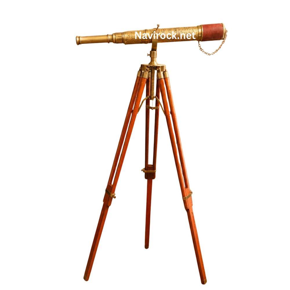 Vintage Antique Brass Telescope Engraved Solid Brass Spyglass with Brown Leather Wrap & Adjustable Wooden Tripod