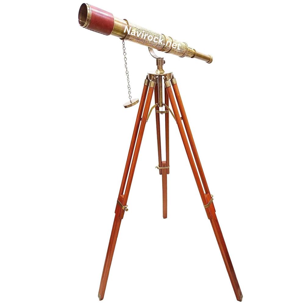 Vintage Antique Brass Telescope Engraved Solid Brass Spyglass with Brown Leather Wrap & Adjustable Wooden Tripod