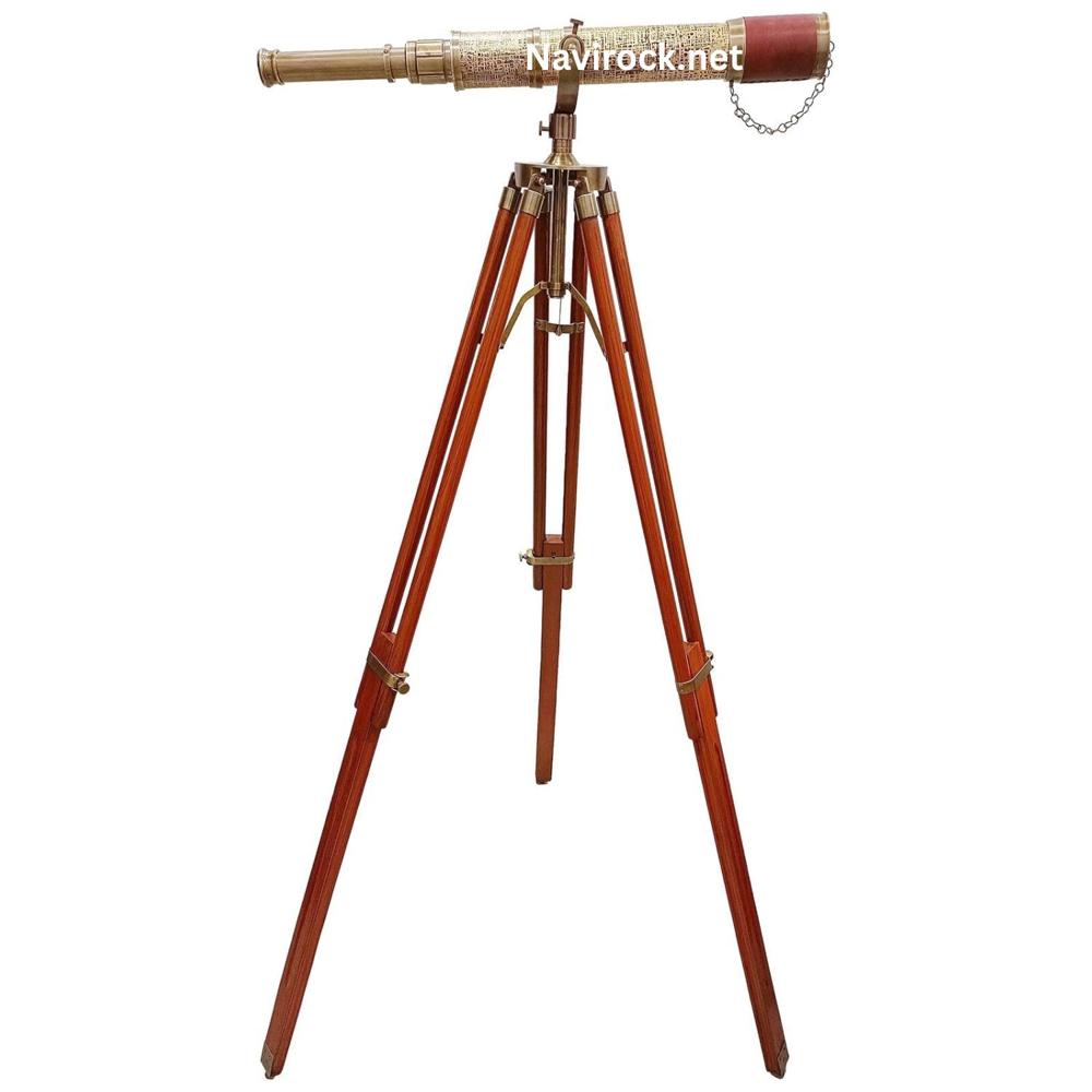 Vintage Antique Brass Telescope Engraved Solid Brass Spyglass with Brown Leather Wrap & Adjustable Wooden Tripod