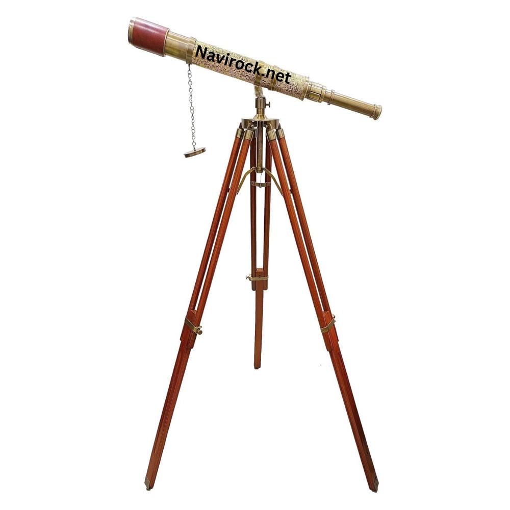 Vintage Antique Brass Telescope Engraved Solid Brass Spyglass with Brown Leather Wrap & Adjustable Wooden Tripod