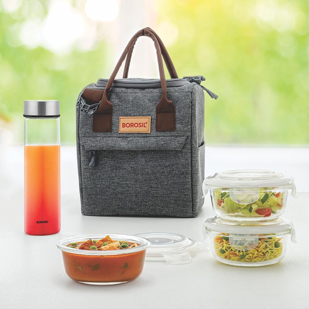 Borosil Pro Lunch Box Set, Microwave Safe Glass Containers (400ml x 3) + 550ml Glass Bottle | Leakproof Tiffin Set with Bag | Healthy Office Meals On-The-Go | Stay Organized & Stylish ITRN400GB500T
