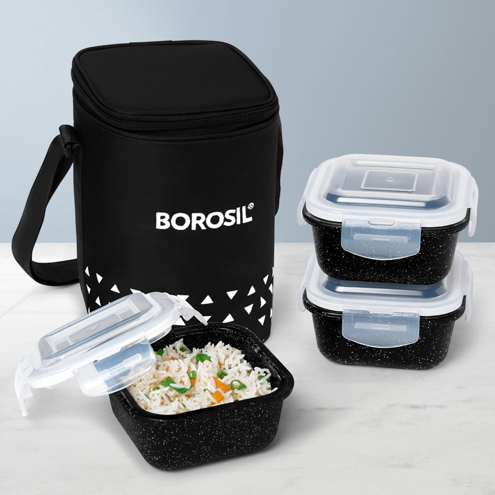Borosil Kube Black Borosilicate Glass Lunchbox with Bag | 3 pc Square Container Set (320 ml Each) | Microwave & Dishwasher Safe, Leakproof | Tiffin for Office, School, College ICCOLUNIBLK13T