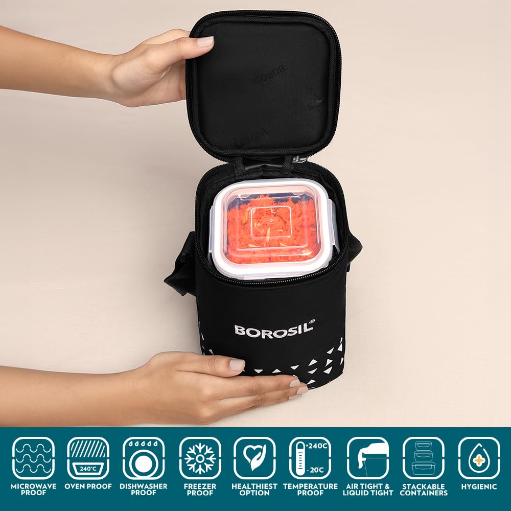 Borosil Kube Black Borosilicate Glass Lunchbox with Bag | 3 pc Square Container Set (320 ml Each) | Microwave & Dishwasher Safe, Leakproof | Tiffin for Office, School, College ICCOLUNIBLK13T