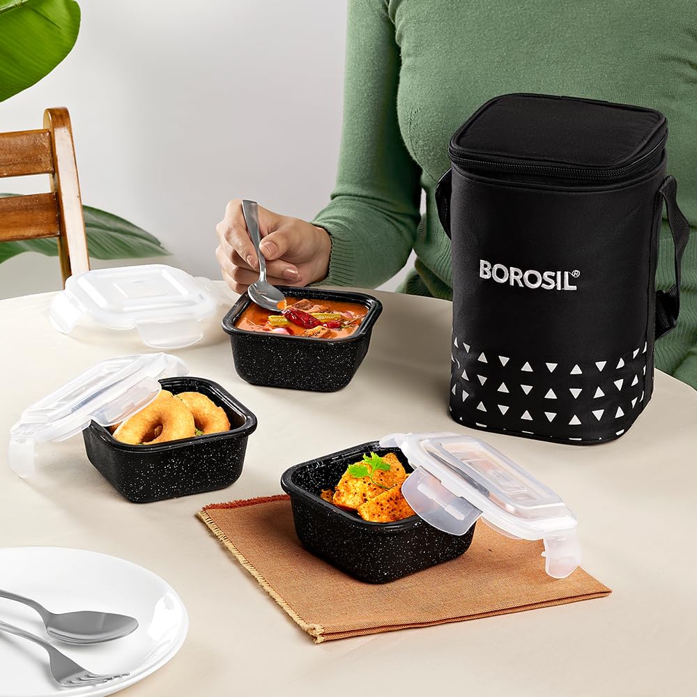 Borosil Kube Black Borosilicate Glass Lunchbox with Bag | 3 pc Square Container Set (320 ml Each) | Microwave & Dishwasher Safe, Leakproof | Tiffin for Office, School, College ICCOLUNIBLK13T