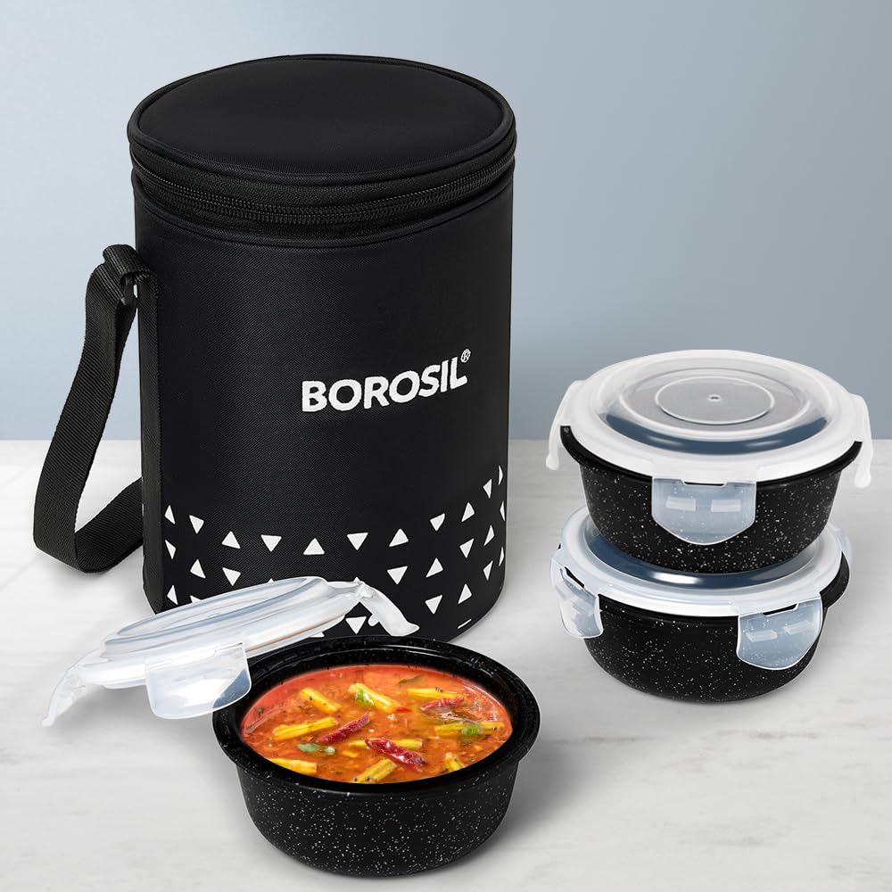 Borosil Borosilicate Glass Lunchbox with Bag | 400ml x 3pc Container Set | Microwave & Dishwasher Safe, Leakproof | Tiffin for Office, School, College ICCOLUNIBLK12T
