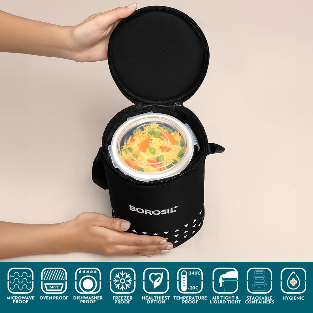 Borosil Borosilicate Glass Lunchbox with Bag | 400ml x 3pc Container Set | Microwave & Dishwasher Safe, Leakproof | Tiffin for Office, School, College ICCOLUNIBLK12T