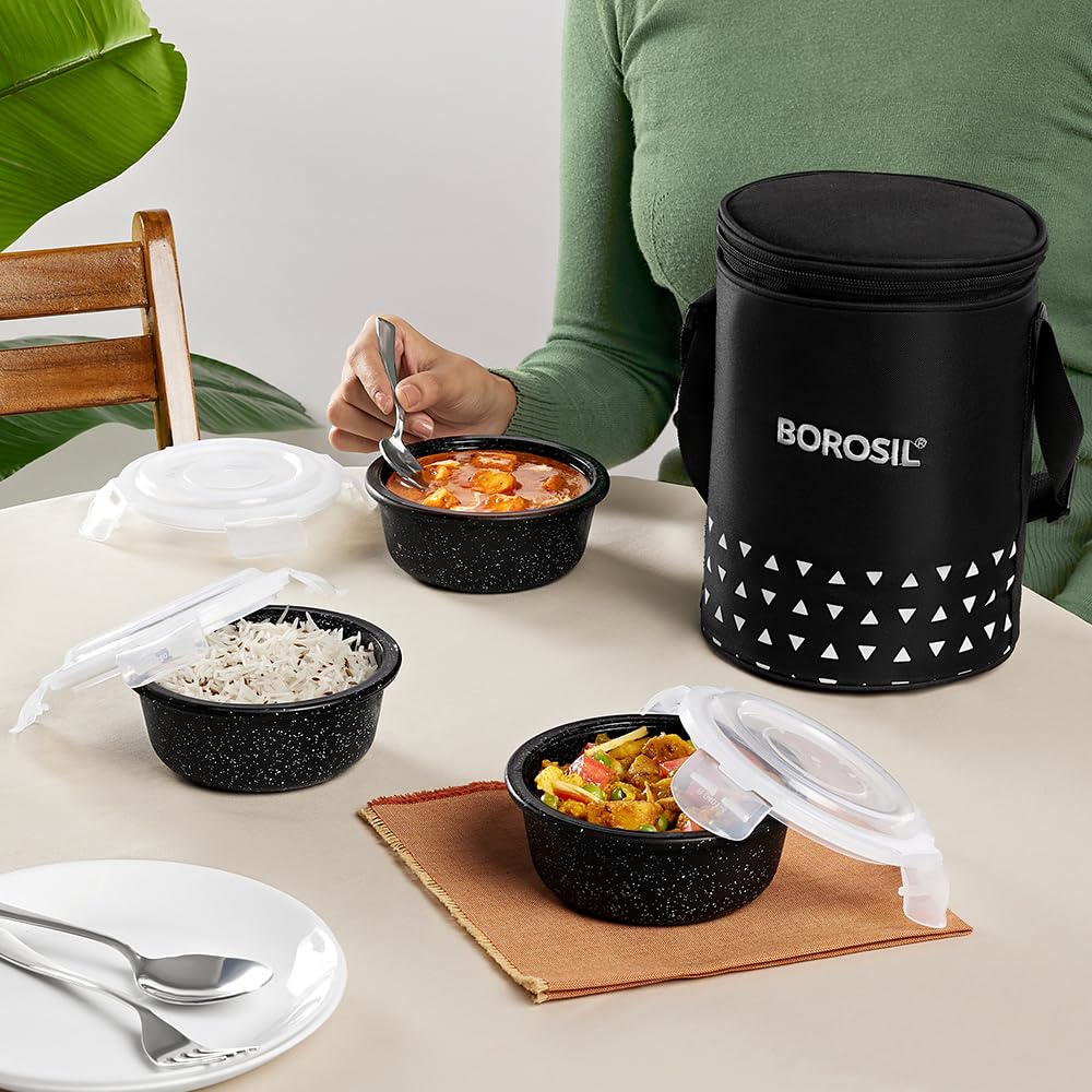Borosil Borosilicate Glass Lunchbox with Bag | 400ml x 3pc Container Set | Microwave & Dishwasher Safe, Leakproof | Tiffin for Office, School, College ICCOLUNIBLK12T