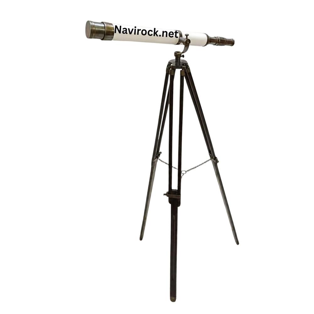 Antique Style Telescope White Leather Tube with Black Wooden Tripod
