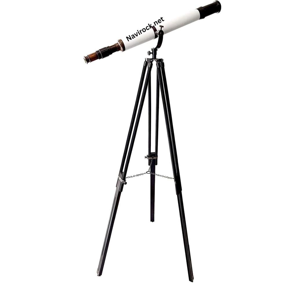 Antique Style Telescope White Leather Tube with Black Wooden Tripod