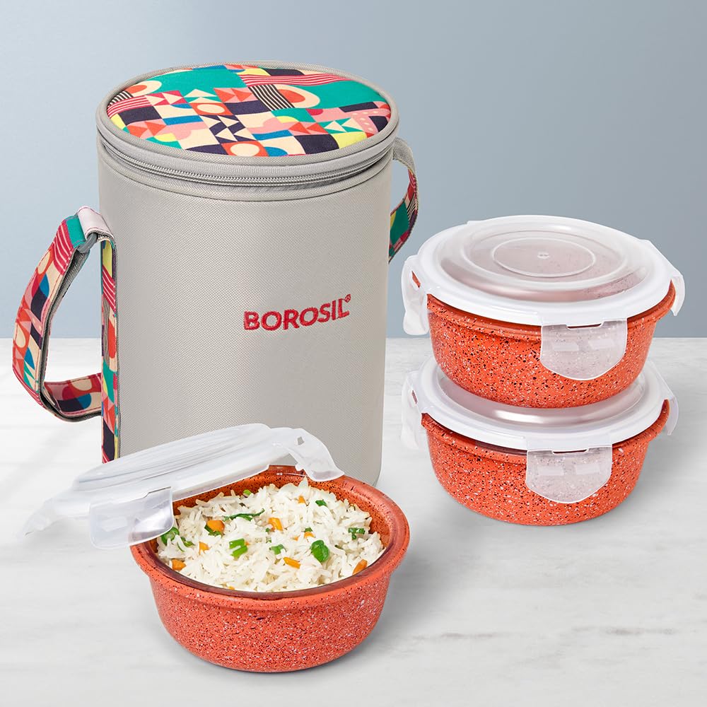 Borosil Borosilicate Glass Lunchbox with Bag | 400ml x 3pc Container Set | Microwave & Dishwasher Safe, Leakproof | Tiffin for Office, School, College ICCOLS3RNDPNK03T