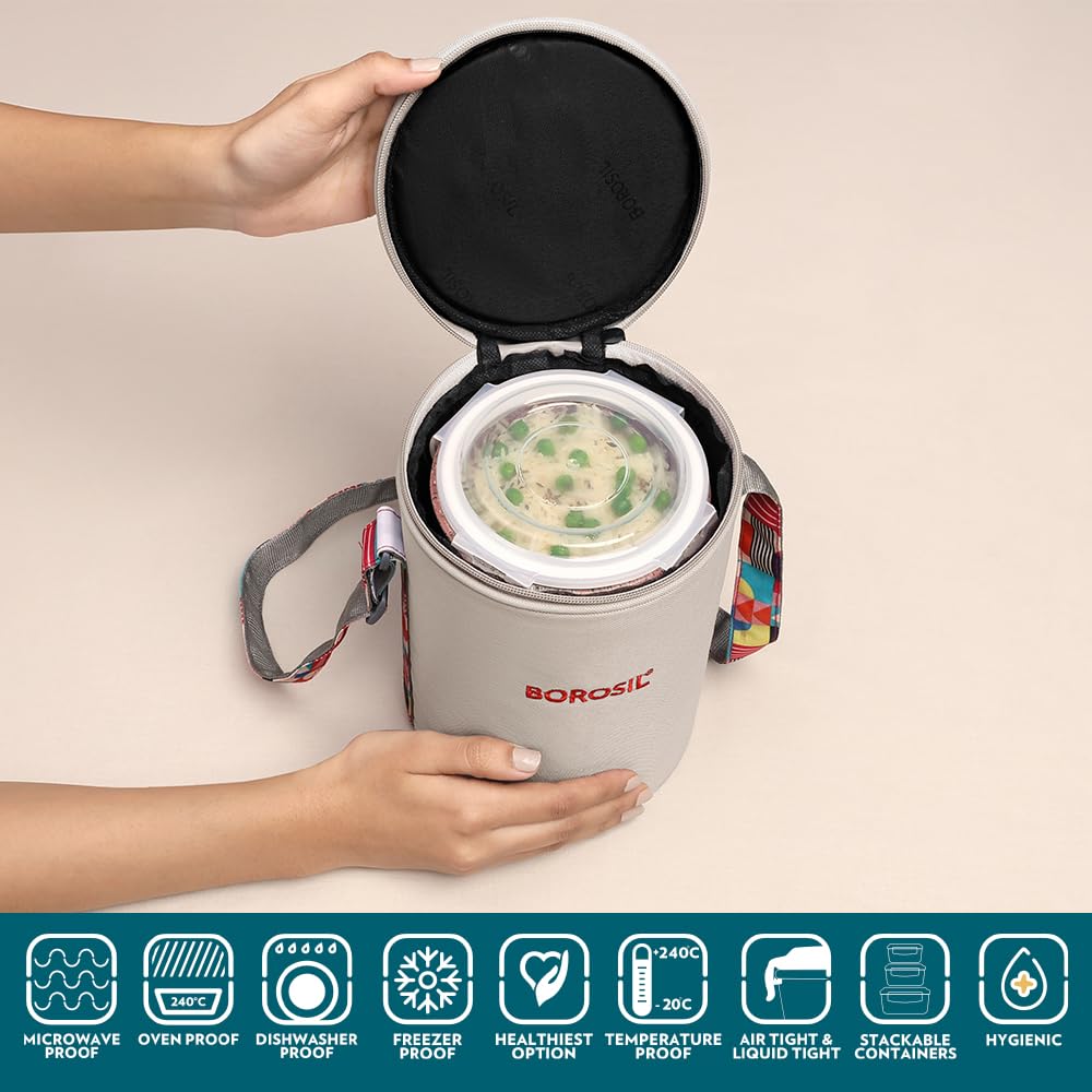Borosil Borosilicate Glass Lunchbox with Bag | 400ml x 3pc Container Set | Microwave & Dishwasher Safe, Leakproof | Tiffin for Office, School, College ICCOLS3RNDPNK03T