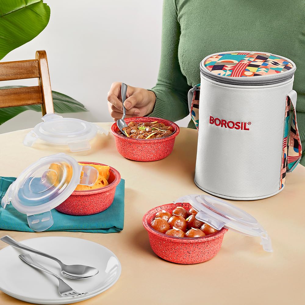 Borosil Borosilicate Glass Lunchbox with Bag | 400ml x 3pc Container Set | Microwave & Dishwasher Safe, Leakproof | Tiffin for Office, School, College ICCOLS3RNDPNK03T