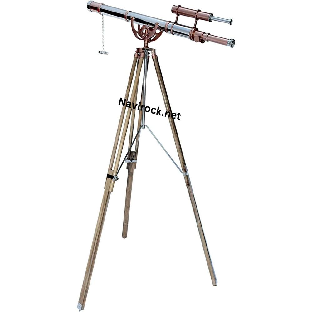 Vintage Nautical Brass Double Barrel Telescope with Teak Wooden Tripod