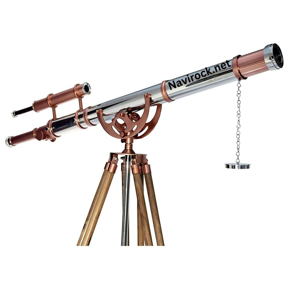 Vintage Nautical Brass Double Barrel Telescope with Teak Wooden Tripod