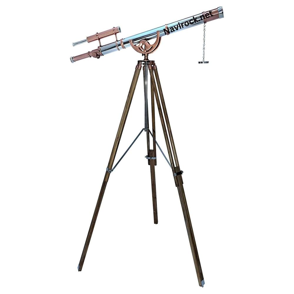 Vintage Nautical Brass Double Barrel Telescope with Teak Wooden Tripod