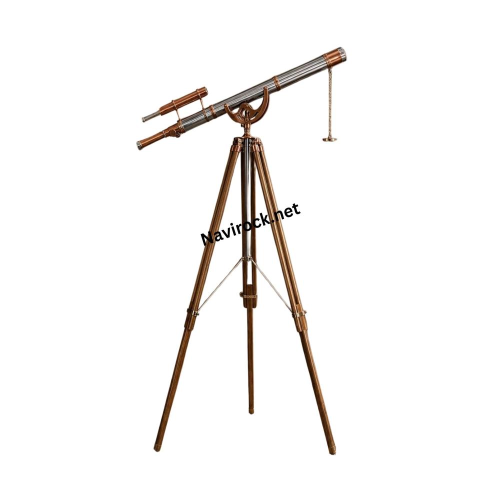 Vintage Nautical Brass Double Barrel Telescope with Teak Wooden Tripod